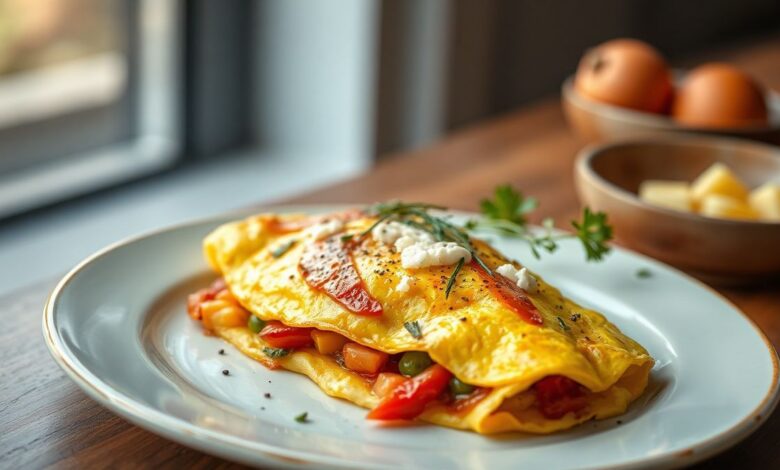 omelete com queijo e legumes fácil e cremosa 1 Omelete dourada por fora, macia por dentro, com queijo derretido, tomate e cebola visíveis no recheio