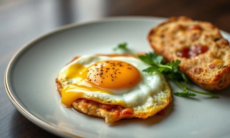 Ovo frito com clara bem dourada e gema cremosa, servido em um prato rústico.