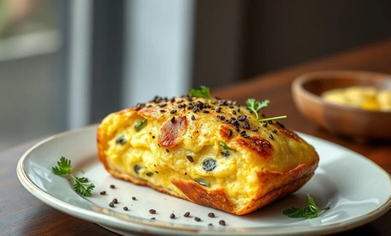 Pão de queijo vegano crocante, com uma textura macia por dentro, apresentado em um prato rústico.