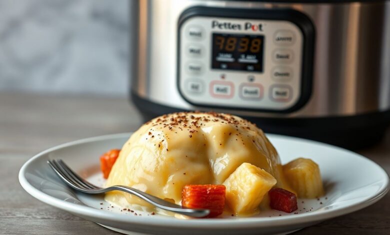 Pudim de Panela de Pressão Cremoso em 20 Minutos 21 Pudim de panela de pressão cremoso, fatia perfeita com calda caramelizada, em prato decorado.