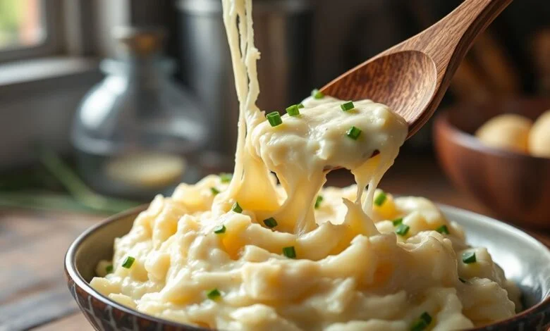 Purê De Queijo Com Batata: Receita Cremosa E Profissional 26 Purê de batata servido em uma tigela de cerâmica com fios de queijo puxando