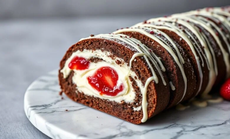 Rocambole De Ninho Com Chocolate E Morango: Fácil E Sem Forno 9 Rocambole de chocolate fatiado revelando recheio cremoso de leite em pó e geleia de morango