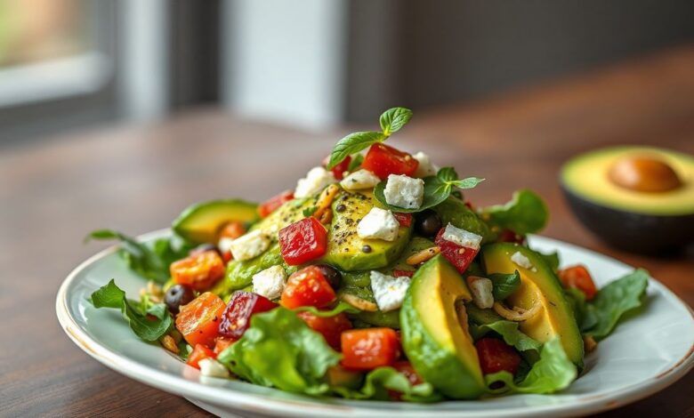 Salada de Abacate Salgada: 5 Dicas para Preparar em 10 Minutos! 13 Prato colorido de salada de abacate salgada, bem apresentado com tomates e coentro, regado com azeite.