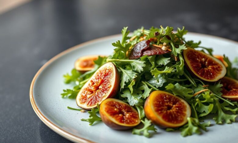 Prato elegante de salada de figo com rúcula, decorado com queijo de cabra e nozes, servido em uma travessa.