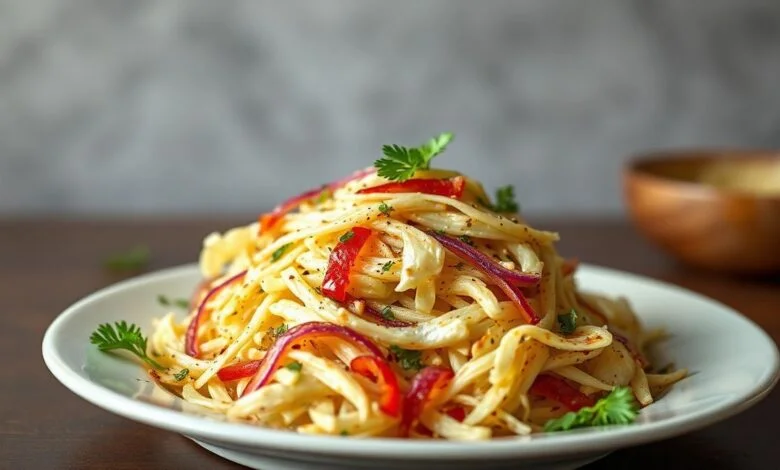 Salada de Repolho em 10 Minutos: Prática e Saborosa 1 Uma salada de repolho fresca e crocante, apresentada em uma tigela colorida, com cenouras e ervas salpicadas.