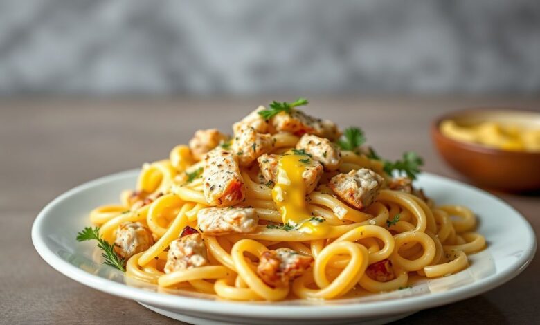 Salada Fria de Macarrão: Pronta em 25 Minutos e Sem Erros 35 Prato de salada fria de macarrão com frango, tomate cereja, mussarela e molho cítrico, apresentado em tigela branca sobre mesa rústica.