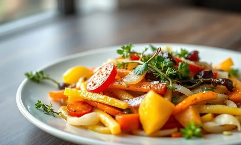 Um prato cheio de verduras frescas, bem higienizadas e organizadas, transmitindo segurança e frescor.