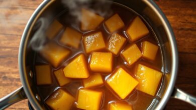 Como Tirar A Acidez Do Abacaxi: Cozimento Fácil E Doce 51 Cubos de abacaxi caramelizados, dourados e macios em uma calda espessa, prontos para usar em sobremesas.