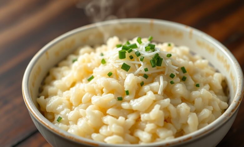 Arroz Cremoso Fácil: O Jantar Prático Em 30 Minutos 5 Prato fundo com arroz branco cremoso e brilhante, decorado com ervas