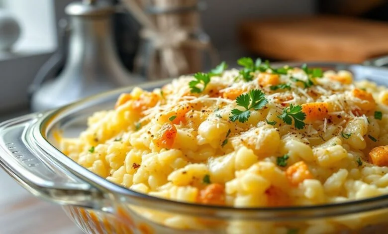 Arroz De Forno Cremoso: Receita Fácil Para Renovar Sobras 18 Refratário de vidro com arroz cremoso coberto por queijo derretido e dourado