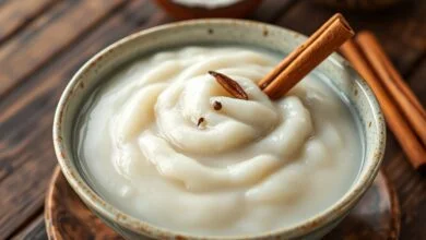 Arroz Doce Com Leite De Coco Cremoso: Receita Tailandesa 49 Tigela de arroz doce cremoso com leite de coco, textura aveludada e brilhante, decorada com canela em pau e cravos.