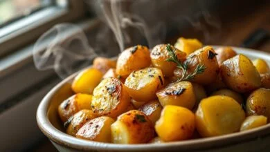 Batata Bolinha Assada: Crocante Por Fora, Macia Por Dentro 48 Tigela de batatas bolinhas douradas e crocantes, com pedacinhos de alho e orégano, prontas para servir.