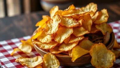 Batata Chips Artesanal Crocante Perfeita Em 20 Minutos 63 Travessa recheada de batatas chips douradas e estalando, prontas para servir.