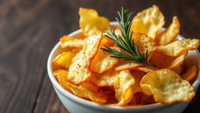 Batata Chips Na Airfryer: Crocante De Verdade Em 30 Min 39 Porção generosa de lascas de batata douradas, finas e crocantes, servidas em tigela de cerâmica branca com salpicos de páprica e folhas de alecrim ao lado.