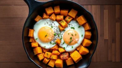 Batata Doce Com Ovos: Crocante E Pronta Em 25 Minutos 41 Cubos de batata doce dourados e crocantes com dois ovos fritos sobrepostos, gemas líquidas e vibrantes, salpicados com pimenta-do-reino e cebolinha.
