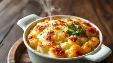 Batata Gratinada Com Requeijão: Cremosa E Crocante Em 1h20 52 Refratário de batata gratinada com camadas douradas de queijo derretido, borbulhante e apetitosa.