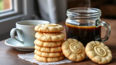 Biscoito Amanteigado Que Derrete Na Boca: Apenas 5 Ingredientes 38 Biscoitos amanteigados em formato de roseta com bordas levemente douradas, empilhados em um pote de vidro rústico ao lado de uma xícara de café.