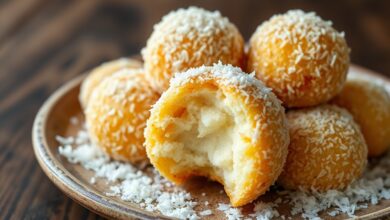 Bolinhas De Coco Fofinhas Que Desmancham Na Boca Em 40 Min 44 Bolinhas de coco douradas e macias, com crosta branca de coco ralado, dispostas em um prato de cerâmica rústica.