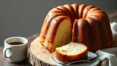 Massa De Bolo Simples E Fofinha Com Claras Em Neve 52 Um bolo dourado, alto e com a casca rachada no centro, fatiado para revelar um miúdo super aerado e fofinho.