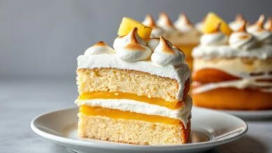 Bolo De Abacaxi Caseiro Com Merengue E Creme Passo A Passo 46 O bolo finalizado, com camadas visíveis de massa, doce de abacaxi, creme e uma generosa cobertura de merengue em picos, fatiado para mostrar o interior.