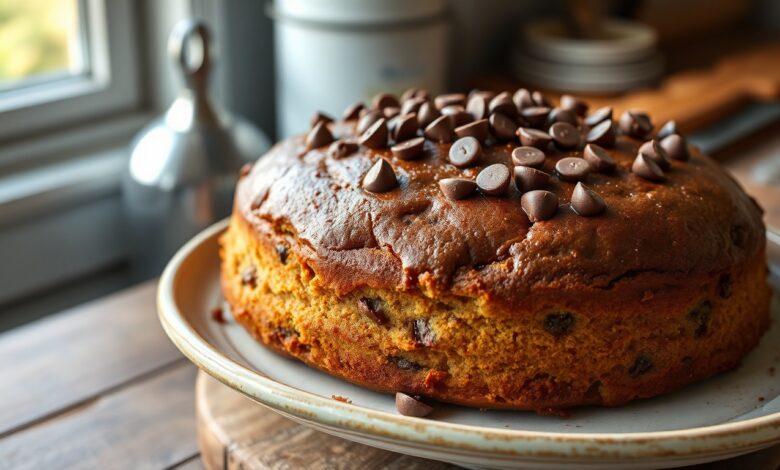 Bolo De Banana Com Chocolate Fofinho E Úmido: Receita Fácil 13 Bolo alto e dourado com gotas de chocolate derretidas no topo