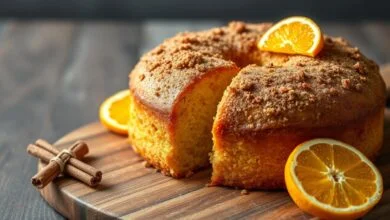 Bolo De Laranja Sem Farinha De Trigo: Fofinho E Aromático 48 Bolo dourado inteiro com casquinha caramelizada de canela, fatiado para revelar a textura macia e úmida, decorado com laranjas frescas ao lado.