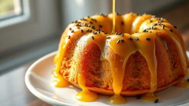 Bolo De Maracujá Fofinho: Receita De Liquidificador Com Calda 31 Bolo dourado alto com calda rústica de maracujá brilhante