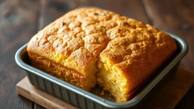 Bolo De Milho Cremoso Simples: 5 Ingredientes E 60 Min 52 Bolo de milho cremoso inteiro e fatiado, com textura dourada e úmida, pronto para servir.