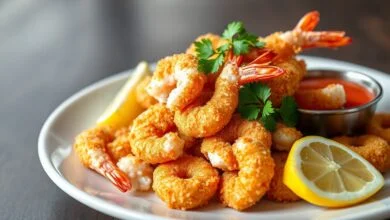 Camarão Empanado Na Airfryer: Crocante Em 25 Min Com 7 Ingredientes 43 Camarões empanados dourados e crocantes, prontos para servir com limão e molho.