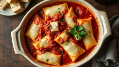Capeletti Sem Forno: Receita Cremosa De 30 Minutos 39 Travessa de capeletti com molho de tomate e cubos de provolone derretidos, finalizado com salsinha.