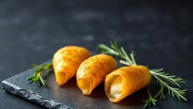 Casquinha De Queijo Crocante Low Carb Em 15 Minutos 39 Casquinhas de queijo douradas em formato de cone, crocantes e elegantes, prontas para servir.