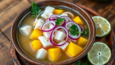 Ceviche De Tilápia Amazônica Com Manga: Pronto Em 6 Min 46 Tigela de ceviche fresco com cubos de peixe branco opaco, manga amarela vibrante e anéis de cebola roxa, servido em uma tigela de barro sobre uma mesa de madeira rústica.