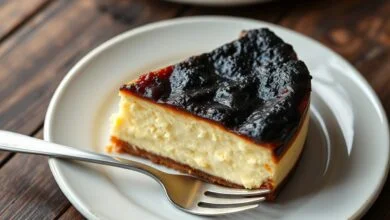 Cheesecake Basco Cremoso: Receita Fácil Em 50 Minutos 53 Fatia de cheesecake basco com topo caramelizado e centro cremoso, pronta para servir.