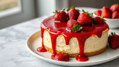 Cheesecake Com Calda De Morango: Cremoso E Sem Rachaduras 46 Cheesecake cremoso com base de biscoito dourada, coberto por uma calda de morango vibrante e brilhante que escorre suavemente pelas laterais.