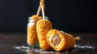 Corn Dog Coreano Crocante E Fofinho: Receita Fácil Em 45 Min 50 Três corn dogs coreanos dourados e perfeitos, servidos em pé em um pote de vidro, com um cortado ao meio revelando o queijo derretido.