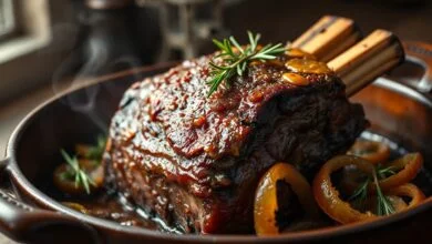 Costela Assada No Forno: Macia E Crocante Em 3h30 45 Peça de costela bovina dourada com gordura crocante, alecrim fresco por cima, servida em travessa de cerâmica com cebola caramelizada