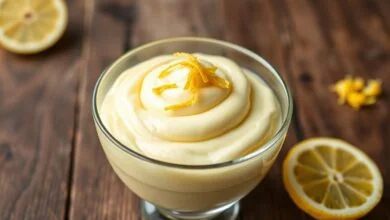 Creme Marido Gelado Fácil E Cremoso: Pronto Em 20 Minutos 42 Sobremesa cremosa e aveludada em tigela de vidro transparente, com raspas de limão fresco por cima, apresentada em um fundo rústico de madeira.
