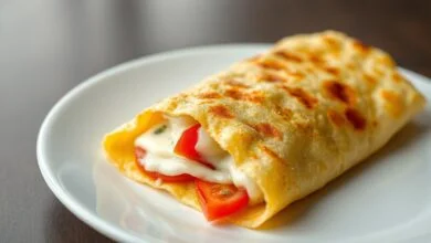 Crepioca De Queijo Com Tomate: Pronta Em 10 Minutos 56 Uma crepioca dourada e macia, dobrada ao meio, com queijo derretido escorrendo e fatias de tomate e orégano visíveis.