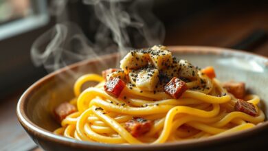 Carbonara Tradicional: Receita Italiana Original E Cremosa 23 Prato de espaguete envolto em molho de ovo cremoso e brilhante com bacon