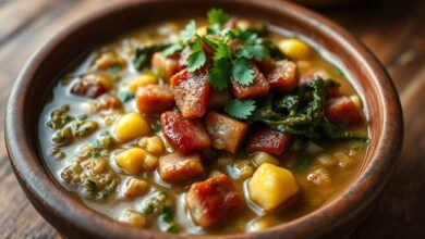 Feijão Tropeiro Tradicional Fofinho E Solto Em 40 Min 47 Feijão tropeiro solto e úmido em prato de barro, com pedaços de bacon dourado, linguiça, ovos mexidos e couve, finalizado com cheiro-verde fresco.