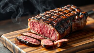 Altura Da Grelha Churrasqueira: O Segredo Para Carnes Suculentas 64 Uma peça inteira de fraldinha dourada e suculenta, com marcas de grelha definidas, fatiada parcialmente para revelar o interior rosado e no ponto, repousando sobre uma tábua de madeira rústica.
