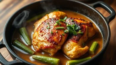 Frango Com Quiabo Suculento E Sem Baba: Receita Definitiva 44 Frango dourado com pele crocante e quiabo firme em caldo encorpado, finalizado com cebolinha fresca.