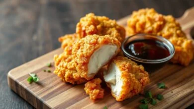 Frango Crocante Perfeito: Dupla Camada Estalante E Molho Especial 48 Pedaços de frango com casca dourada e estalante, servidos com molho agridoce em tigela.