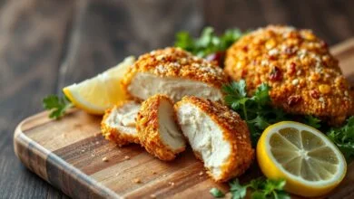 Empanamento Sem Farinha De Trigo: Crocante Com 2 Ingredientes 64 Porção de filés de frango com crosta dourada e quebradiça, servidos com limão e salada fresca.