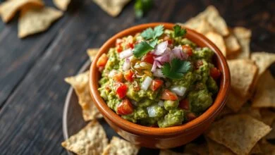 Guacamole Perfeito Em 10 Min: Receita Rústica E Cremosa 50 Tigela de guacamole com textura rústica, pedaços de abacate visíveis, tomate, cebola roxa e coentro fresco, servida em tigela de barro com nachos.
