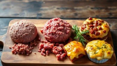 Qual Corte De Carne Para Moer: Guia Definitivo Para Acertar Sempre 61 Montagem mostrando três porções de carne moída com texturas diferentes (grossa, média, fina) ao lado dos pratos que resultam: hambúrguer suculento, molho bolonhesa e escondidinho firme.