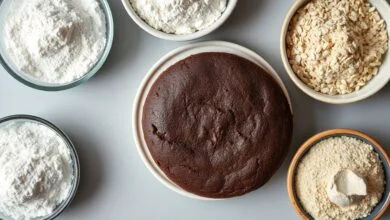 Como Substituir Farinha De Trigo: Guia De Blends Perfeitos 5 Composição com tigelas de farinhas alternativas e um bolo perfeito feito com blend sem glúten.