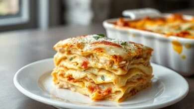 Lasanha De Frango Cremosa E Fofinha: Receita Fácil De 1 Hora 60 Lasanha de frango com camadas generosas de frango desfiado e molho cremoso de requeijão, coberta por muçarela e parmesão dourados e borbulhantes, servida em uma fatia firme que não desmancha.