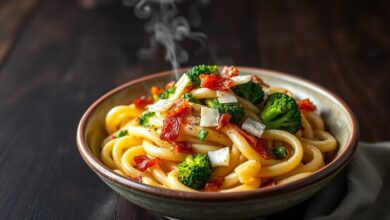 Macarrão Com Brócolis E Bacon: Cremoso Em 30 Min 42 Prato principal de macarrão rigatoni com molho cremoso, raminhos de brócolis vibrantes e pedaços de bacon crocante.