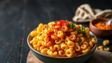 Macarrão Parafuso Crocante: Receita Fácil Em 30 Min (Petisco) 55 Tigela generosa de macarrão parafuso dourado e crocante, com aparência de chips, polvilhado com temperos e salsinha.